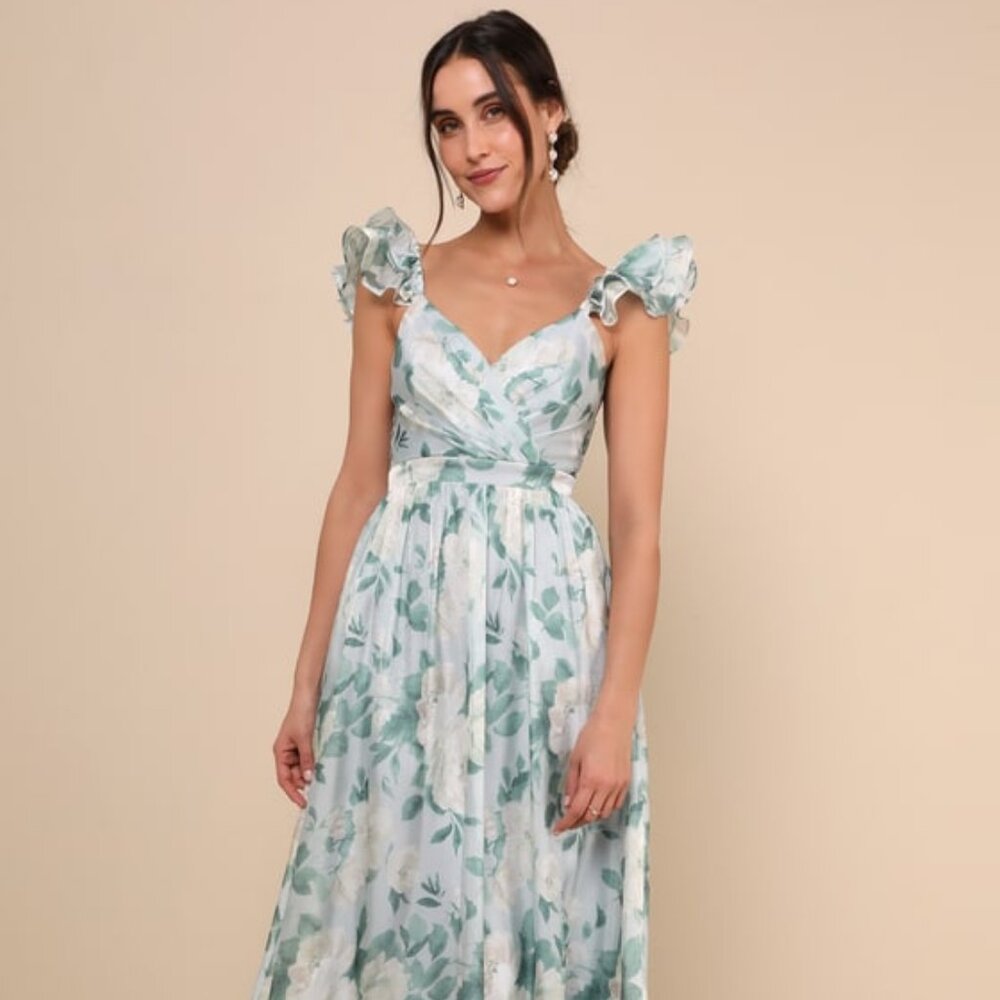 Lulus Soiree Perfection Light Blue Floral Ruffled Tiered Maxi Dress - Size L